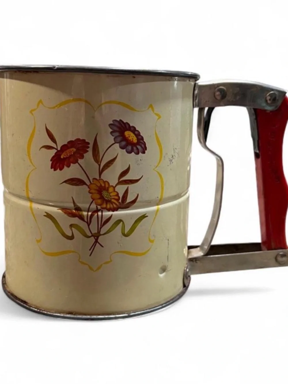 Vintage Floral Sifter with Cream Body and Red Handle